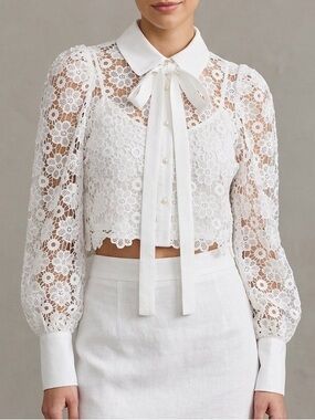 Zara Lace Bow-Tie Crop Blouse - White